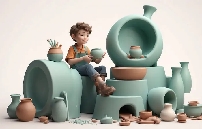 Clay Vase Artist Unique Cartoon 3D Illustration